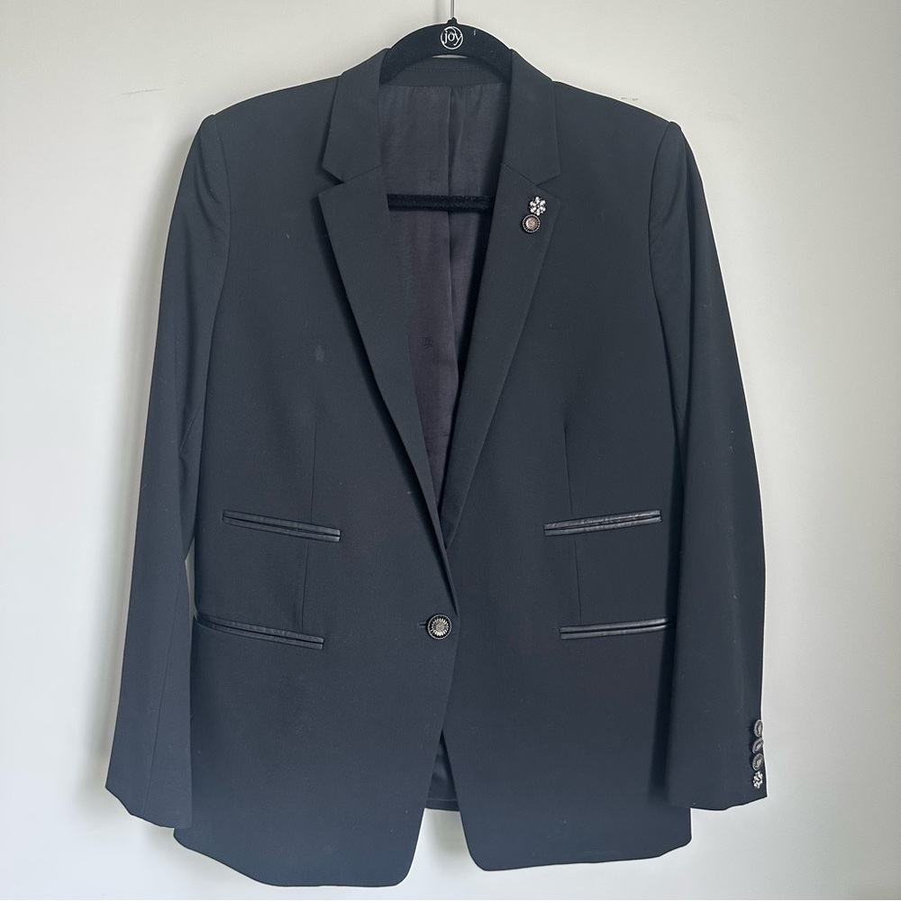 Classic Black Blazer with Jewel Buttons and Leather Trim Pocket Detail